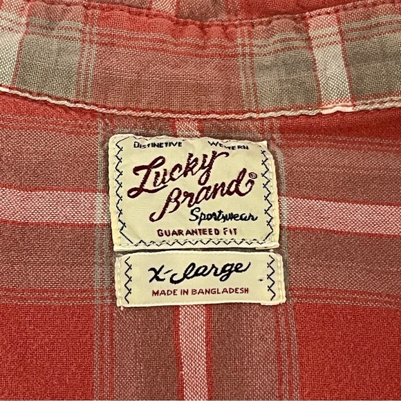 Lucky Brand Mens XL Plaid‎ Western Shirt Short Sleeve Button Up Rust Red - Picture 6 of 6
